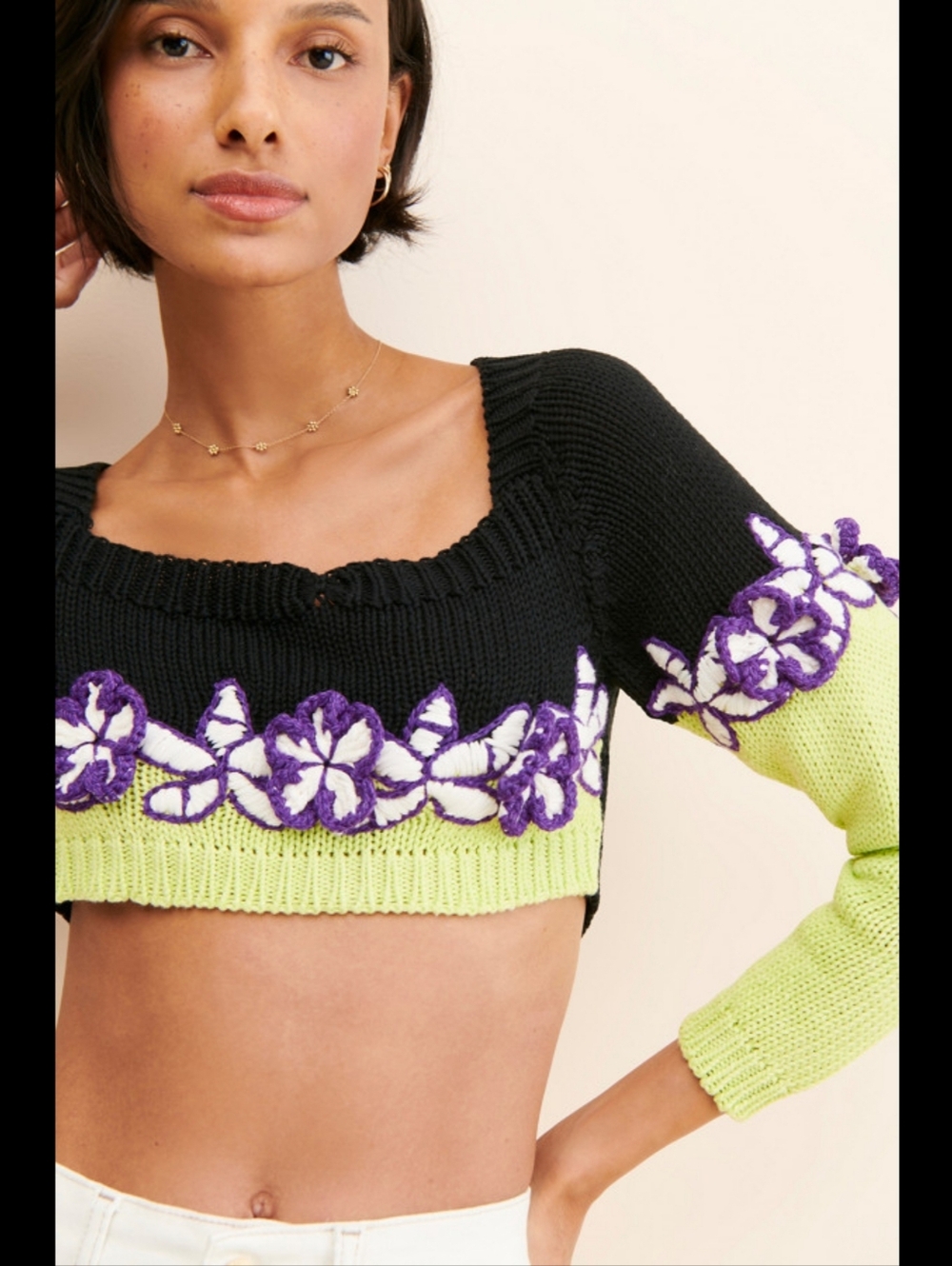 Mandinga Rose Crop Top Black‎ And Lime Green Knit With White And Purple Floral